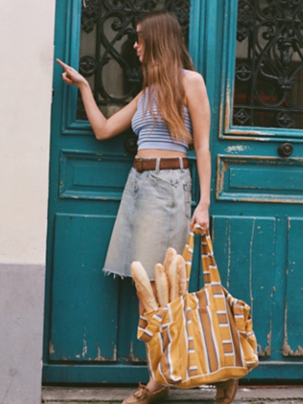 Free People Yellow and White Striped Canvas Market Tote